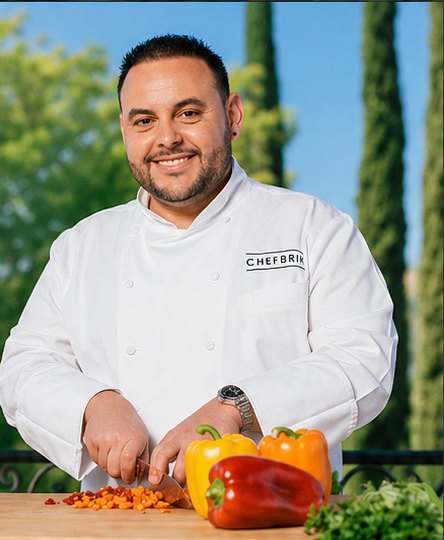 Chef Eddie Brik in a white CHEFBRIK chef coat